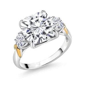 gem stone king 925 sterling silver and 10k yellow gold cushion 10mm gemstone birthstone and round 4mm white moissanite 3 stone ring for women available in size 5, 6, 7, 8, 9