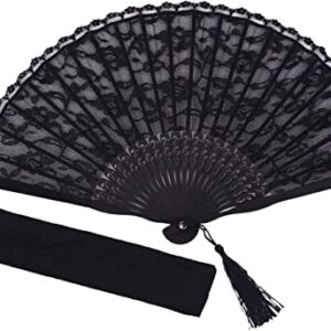 Womens Multi Color Handmade Cotton Lace Folding Hand Fan (Black-A) (6-pac)