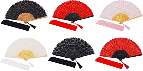 Womens Multi Color Handmade Cotton Lace Folding Hand Fan (Black-A) (6-pac)