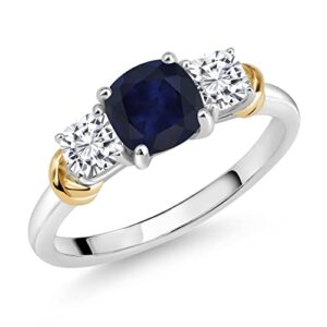 Gem Stone King 925 Sterling Silver and 10K Yellow Gold Blue Sapphire and White Moissanite 3 Stone Engagement Ring For Women (1.94 Cttw, Cushion Cut 6MM and 4MM, Available In Size 5, 6, 7, 8, 9)