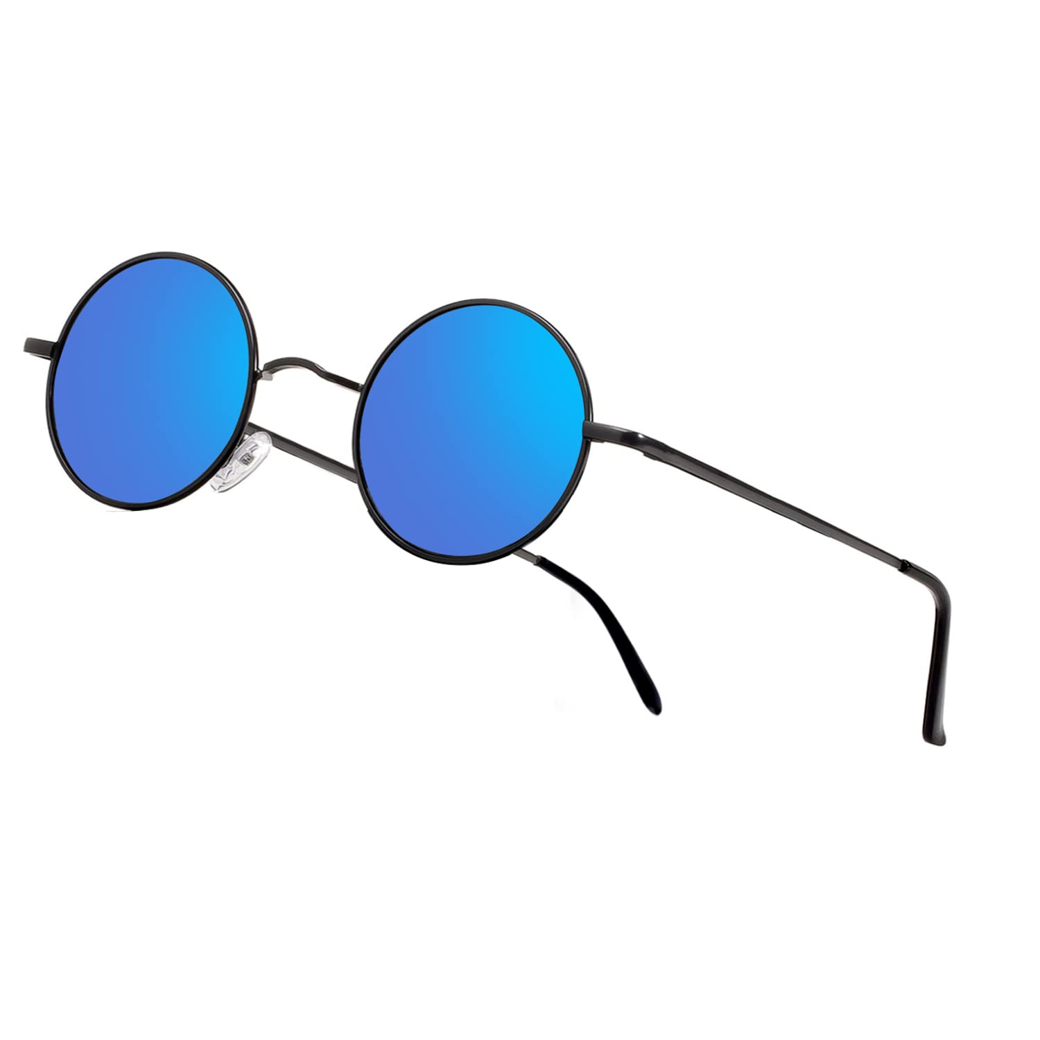 NIEEPA Vintage Round Polarized Hippie Sunglasses Small Circle Metal Driving Sun Glasses (Black Frame/Blue Mirror Lens)