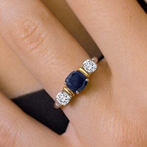 Gem Stone King 925 Sterling Silver and 10K Yellow Gold Blue Sapphire and White Moissanite 3 Stone Engagement Ring For Women (1.94 Cttw, Cushion Cut 6MM and 4MM, Available In Size 5, 6, 7, 8, 9)