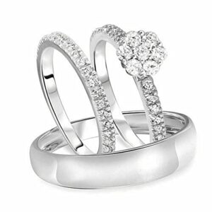 Pritvi Jewels 1Ct Round Cut White Diamond 925 Sterling Silver 14K White Gold Over Diamond Flower Design Engagement Bridal Trio Ring Set for Him & Her