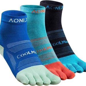 AONIJIE Running Ankle Toe Socks for Men and Women Lightweight Coolmax High Performance Five Finger Athletic Socks(3 Pairs/E: Black, Turquoise, Blue,M)