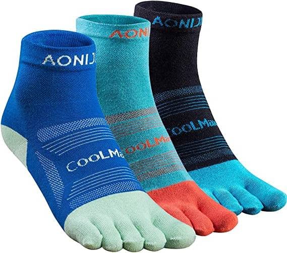 AONIJIE Running Ankle Toe Socks for Men and Women Lightweight Coolmax High Performance Five Finger Athletic Socks(3 Pairs/E: Black, Turquoise, Blue,M)