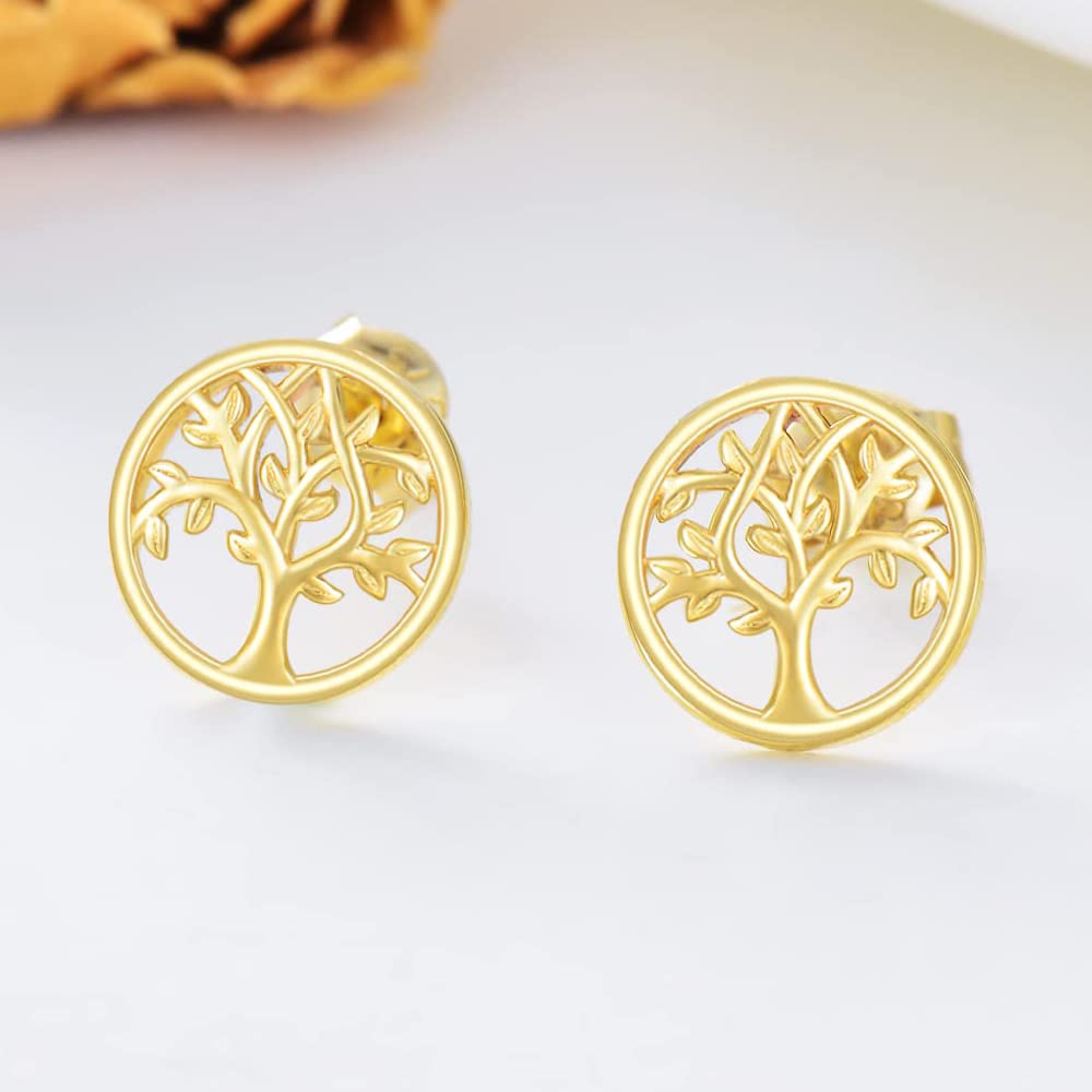 14K Gold Tree of Life Stud Earrings for Women, Real Yellow Gold Life Tree Earrings for Family, Solid Gold Jewelry for Ladies Mom