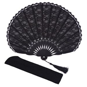 Womens Multi Color Handmade Cotton Lace Folding Hand Fan (Black-A) (Black-a)