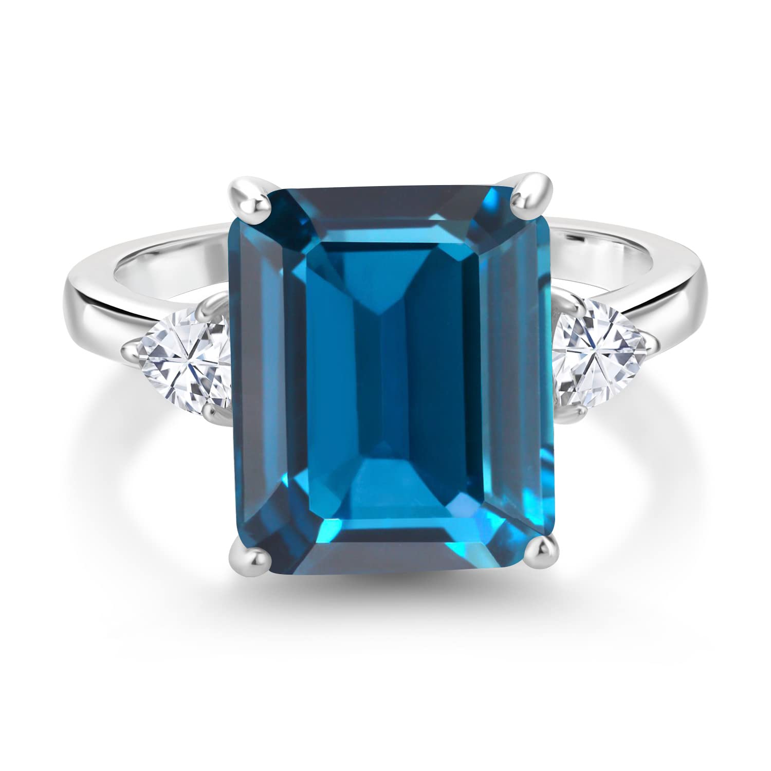 Gem Stone King 925 Sterling Silver London Blue Topaz and White Moissanite 3 Stone Ring For Women (7.82 Cttw, Gemstone Birthstone, Emerald Cut 12X10MM, Available In Size 5, 6, 7, 8, 9)