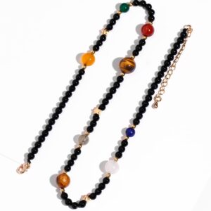 Jewever The Eight Planets Guardian Star Choker Necklace for Women Black Agate Beaded Crystal Necklace Universe Galaxy Healing Crystals and Gemstones (16"+2")