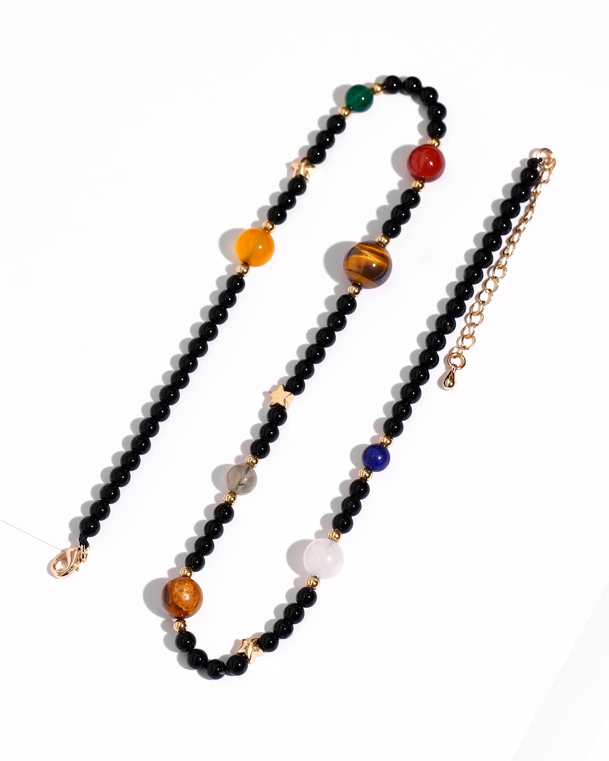 Jewever The Eight Planets Guardian Star Choker Necklace for Women Black Agate Beaded Crystal Necklace Universe Galaxy Healing Crystals and Gemstones (16"+2")