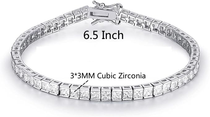 Gemsme White Gold Plated Square Bracelet for Women Classic Hypoallergenic 3.0mm Cubic Zirconia Tennis Bracelets 6.5 Inch