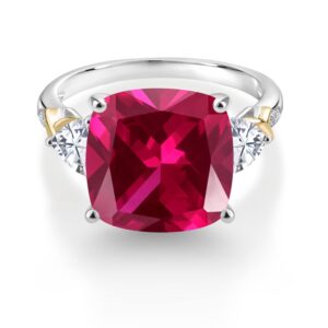 Gem Stone King 925 Silver and 10K Yellow Red Created Ruby White Moissanite and Diamond Ring For Women (8.95 Cttw, 12MM Cushion and 5MM Trillion, Available in Size 5,6,7,8,9)