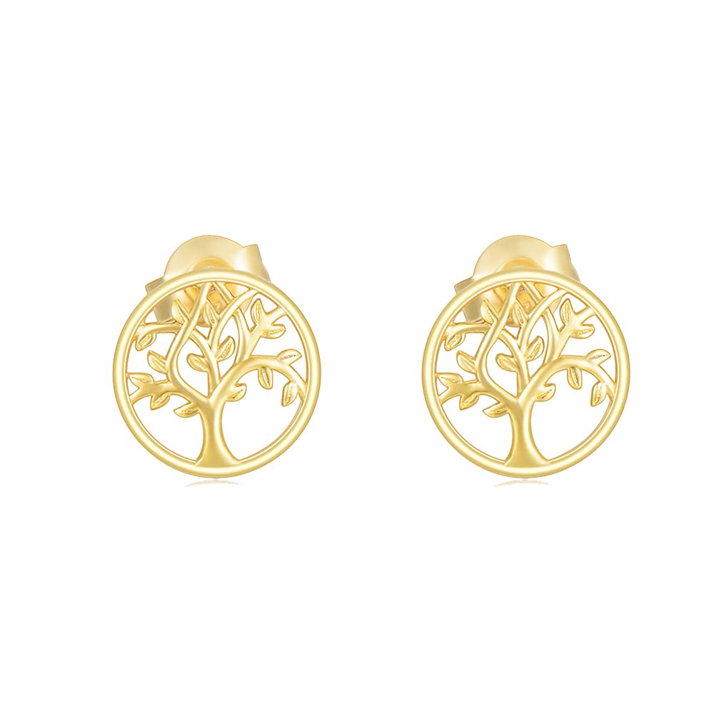 14K Gold Tree of Life Stud Earrings for Women, Real Yellow Gold Life Tree Earrings for Family, Solid Gold Jewelry for Ladies Mom