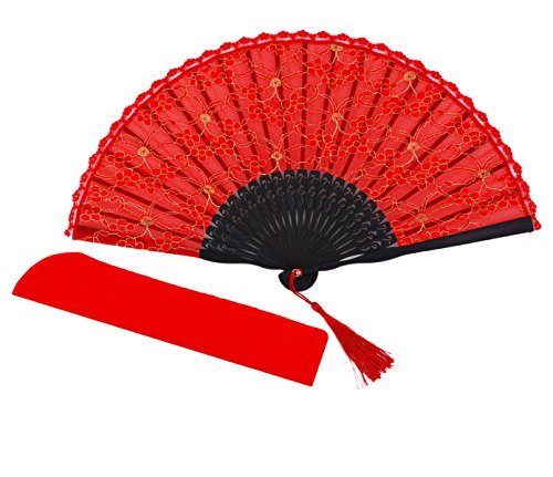 Womens Multi Color Handmade Cotton Lace Folding Hand Fan (Black-A) (6-pac)