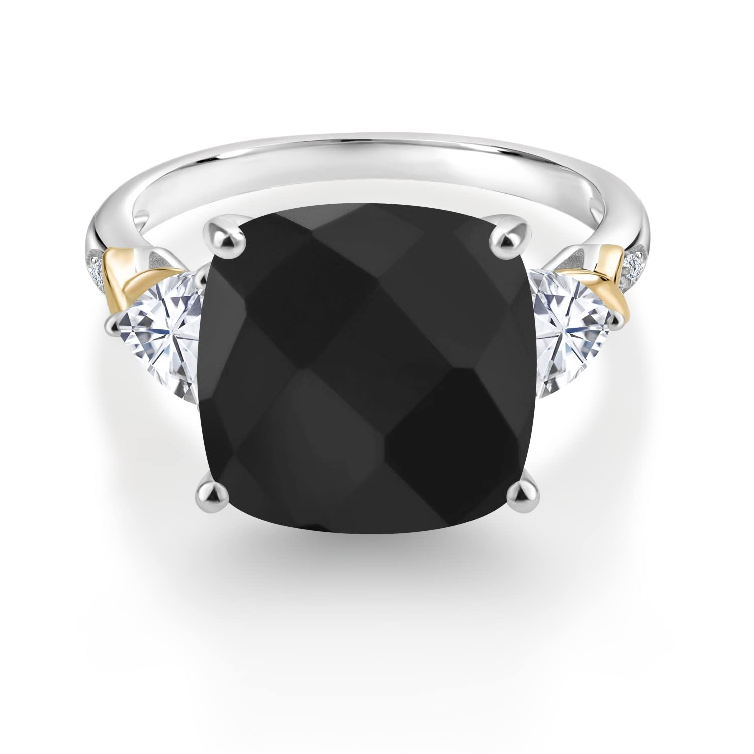 Gem Stone King 925 Silver and 10K Yellow Black Onyx White Moissanite and Diamond Ring For Women (6.45 Cttw, 12MM Cushion and 5MM Trillion, Gemstone Birthstone, Available in Size 5,6,7,8,9)