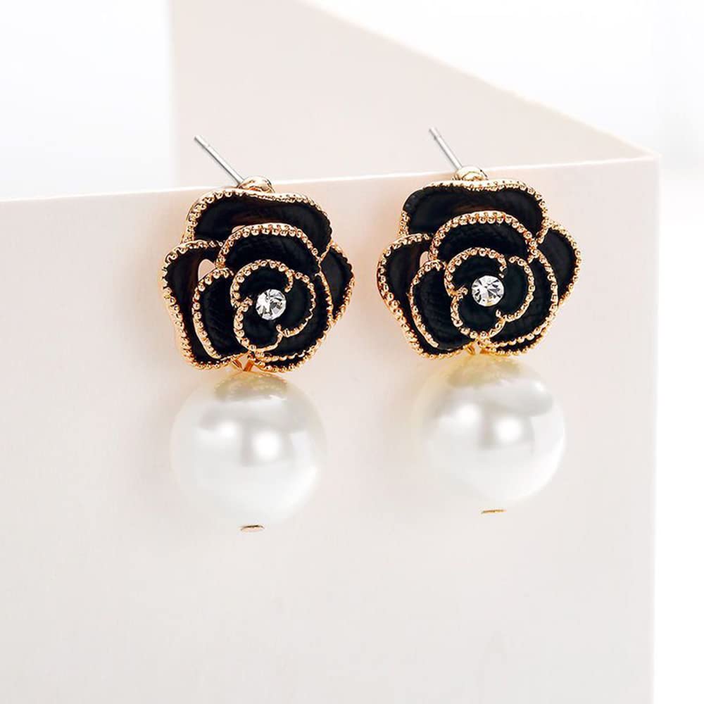 Fashion Design Faux Pearl Charm Flower Dangle Drop Earrings Studs For Women (Black)