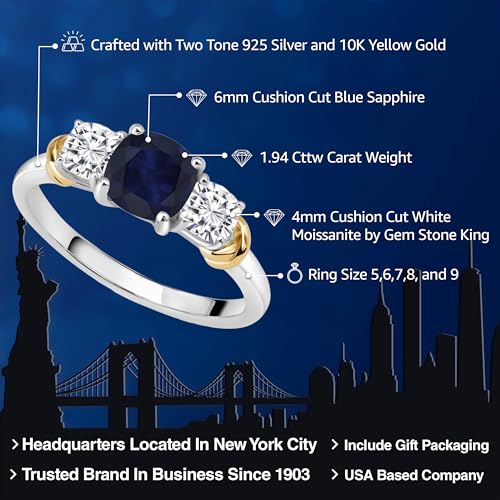 Gem Stone King 925 Sterling Silver and 10K Yellow Gold Blue Sapphire and White Moissanite 3 Stone Engagement Ring For Women (1.94 Cttw, Cushion Cut 6MM and 4MM, Available In Size 5, 6, 7, 8, 9)