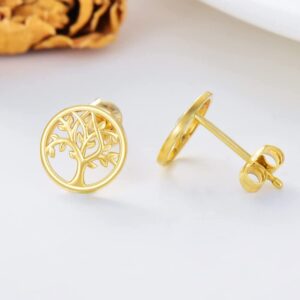 14K Gold Tree of Life Stud Earrings for Women, Real Yellow Gold Life Tree Earrings for Family, Solid Gold Jewelry for Ladies Mom