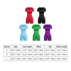 ABOCIW Workout Sets for Women 2 Piece Seamless Ribbed Shorts Set Yoga Gym Strap Detail Short Sleeve Square Collar Crop Top High Waist Shorts Exercise Tracksuit Sets Purple Small