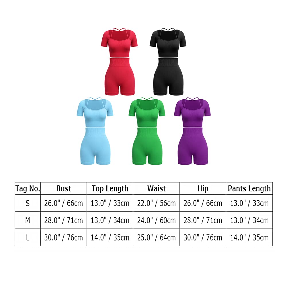 ABOCIW Workout Sets for Women 2 Piece Seamless Ribbed Shorts Set Yoga Gym Strap Detail Short Sleeve Square Collar Crop Top High Waist Shorts Exercise Tracksuit Sets Purple Small