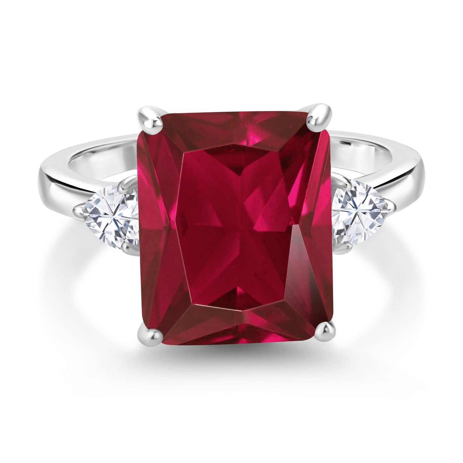 Gem Stone King 925 Sterling Silver Red Created Ruby and White Moissanite 3 Stone Ring For Women (6.02 Cttw, Emerald Cut 12X10MM, Trillion 3.5MM, Available In Size 5, 6, 7, 8, 9)