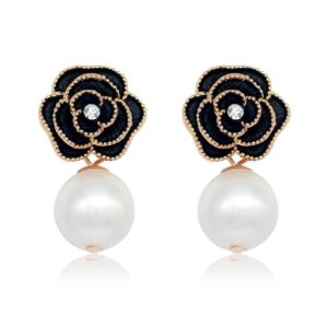 fashion design faux pearl charm flower dangle drop earrings studs for women (black)