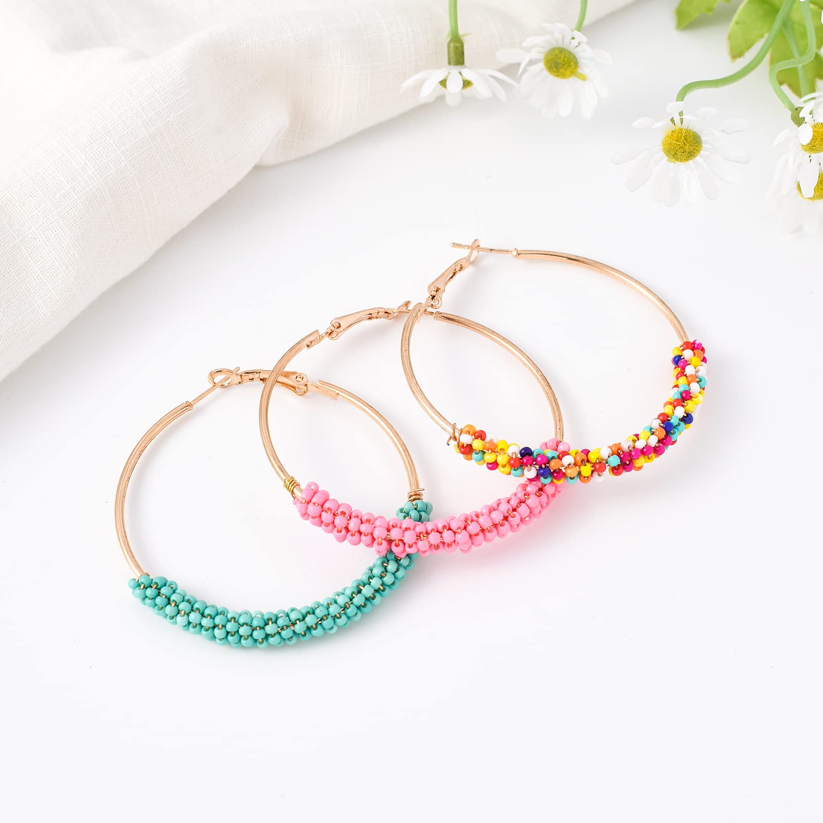 Jinxiuge 6 Pair Beaded Hoop Earrings Boho Flower Round Earrings Women's Handmade Earrings Set