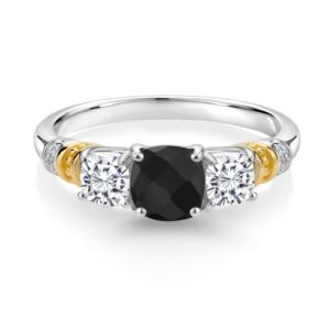 Gem Stone King 925 Silver and 10K Yellow Gold Black Onyx White Moissanite and Diamond 3-Stone Ring For Women (1.59 Cttw, Cushion Checkerboard 6MM and 4MM) (Size 9)