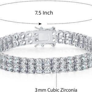 Gemsme Double Row Tennis Bracelet for Women Men 18K White Gold Plated Classic Hypoallergenic Sparkling 3.0mm Cubic Zirconia Bracelets 7.5 Inch