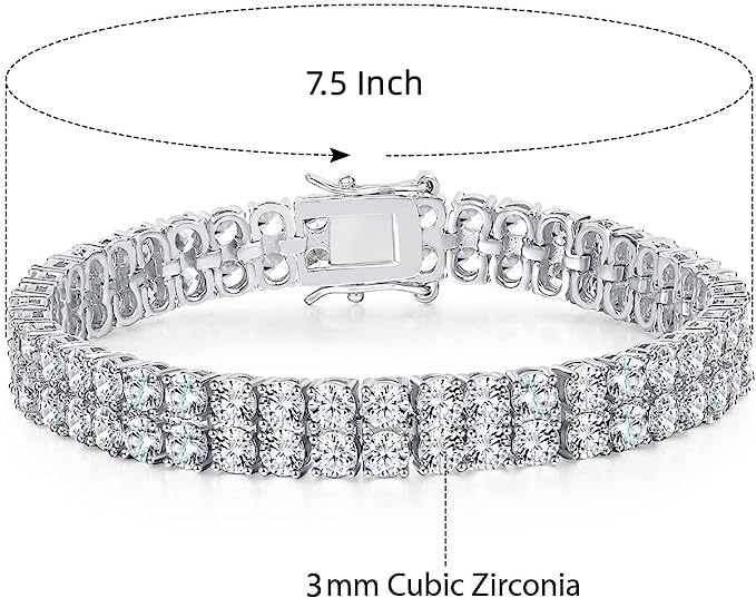 Gemsme Double Row Tennis Bracelet for Women Men 18K White Gold Plated Classic Hypoallergenic Sparkling 3.0mm Cubic Zirconia Bracelets 7.5 Inch