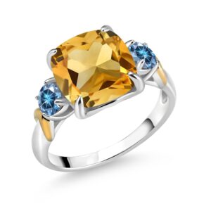 925 silver and 10k yellow gold yellow citrine and persian blue moissanite 3 stone ring for women (4.06 cttw, gemstone november birthstone, cushion 10mm, round 4mm, available in size 5, 6, 7, 8, 9)