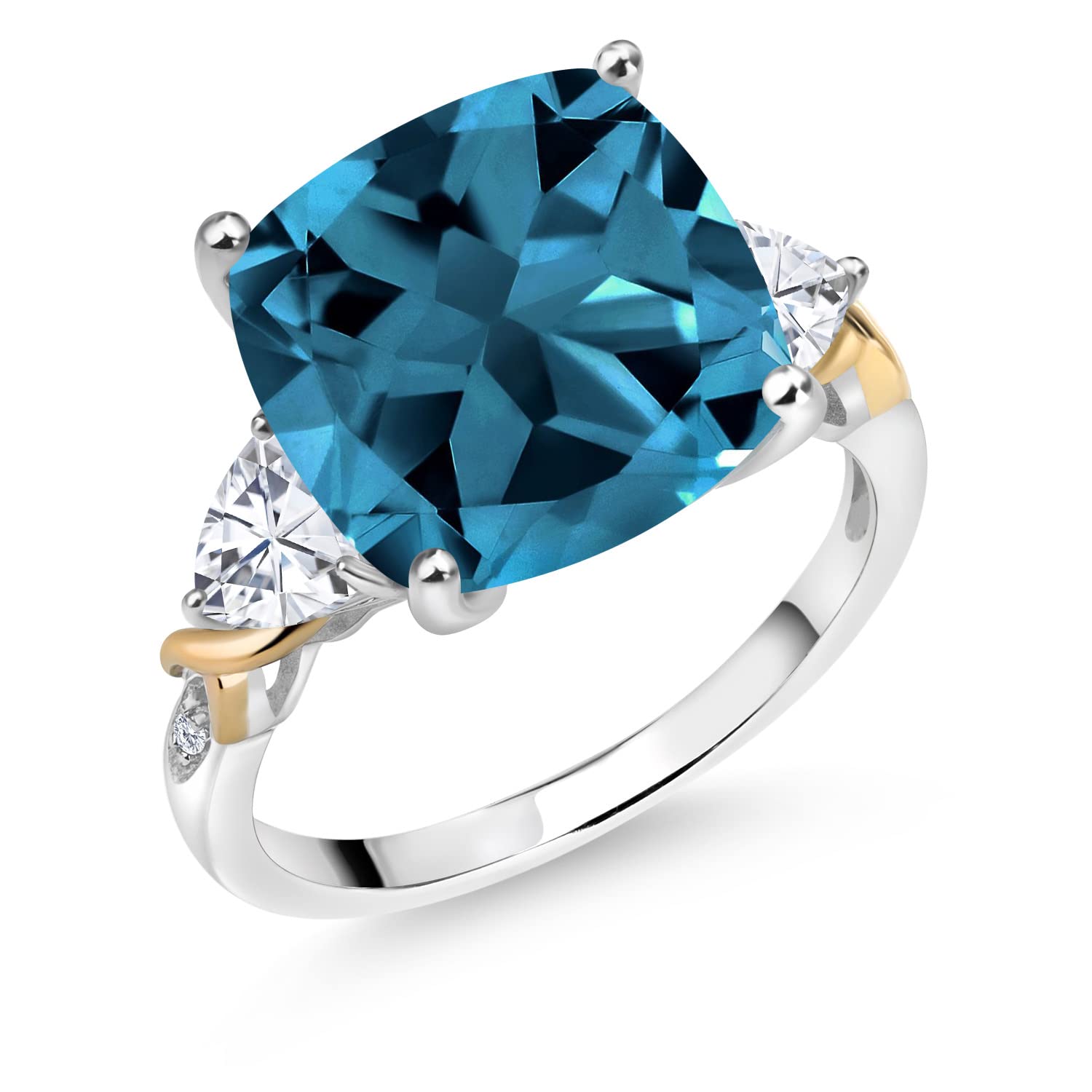 Gem Stone King 925 Silver and 10K Yellow London Blue Topaz White Moissanite and Diamond Ring For Women (9.75 Cttw, 12MM Cushion and 5MM Trillion, Gemstone Birthstone, Available In Size 5, 6, 7, 8, 9)