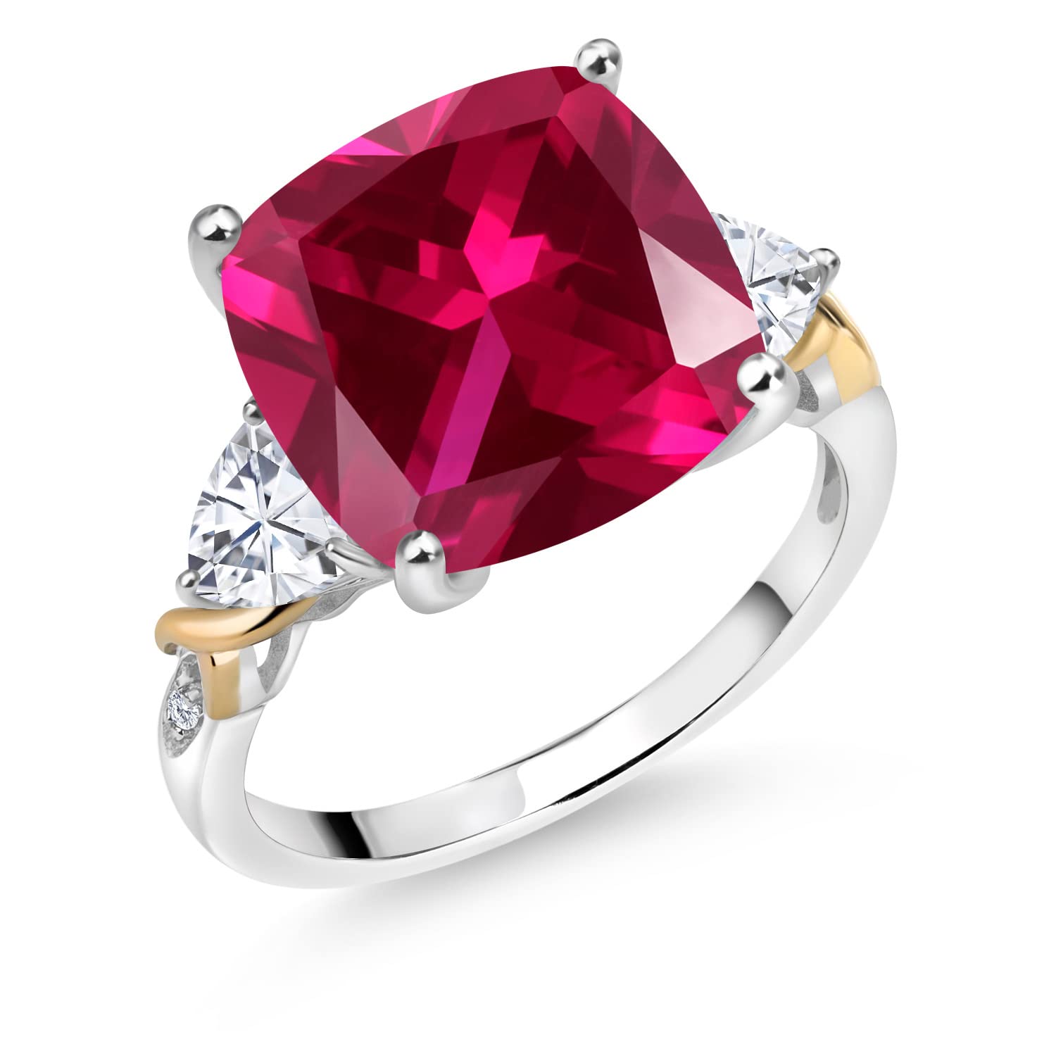 Gem Stone King 925 Silver and 10K Yellow Red Created Ruby White Moissanite and Diamond Ring For Women (8.95 Cttw, 12MM Cushion and 5MM Trillion, Available in Size 5,6,7,8,9)