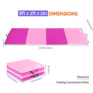 Matladin 8' Folding Gymnastics Gym Exercise Aerobics Mat, 8ft x 2ft x 2in PU Leather Tumbling Mats with Hook & Loop Fastener for Stretching Yoga Cheerleading Martial Arts (Purple&Pink)