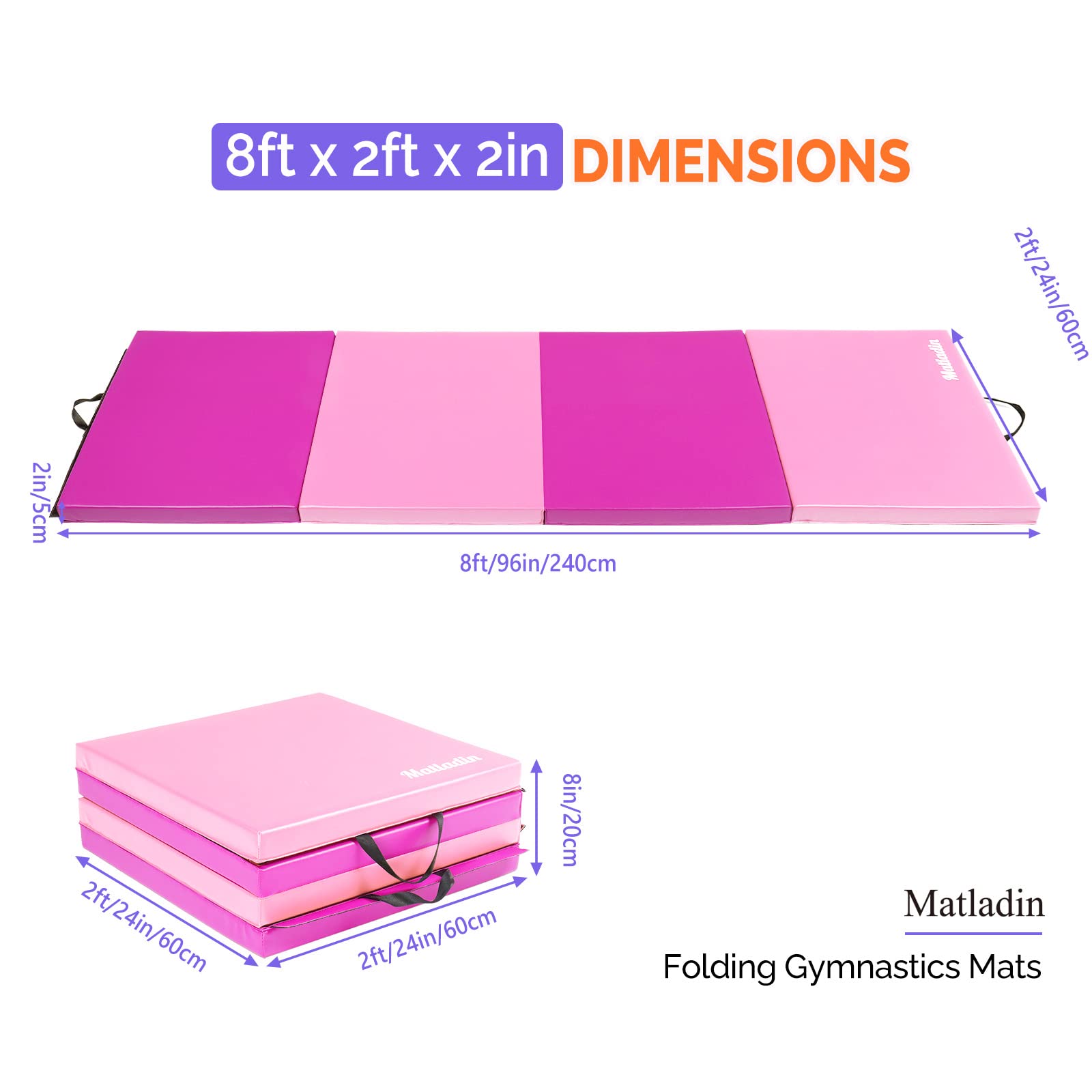 Matladin 8' Folding Gymnastics Gym Exercise Aerobics Mat, 8ft x 2ft x 2in PU Leather Tumbling Mats with Hook & Loop Fastener for Stretching Yoga Cheerleading Martial Arts (Purple&Pink)