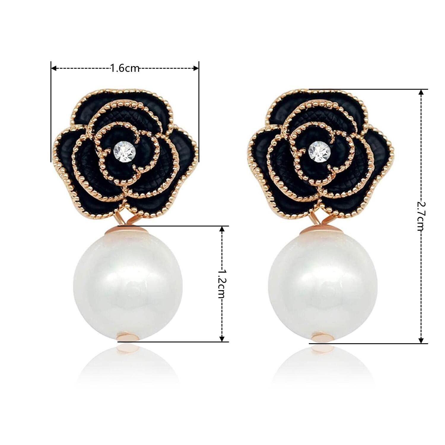 Fashion Design Faux Pearl Charm Flower Dangle Drop Earrings Studs For Women (Black)