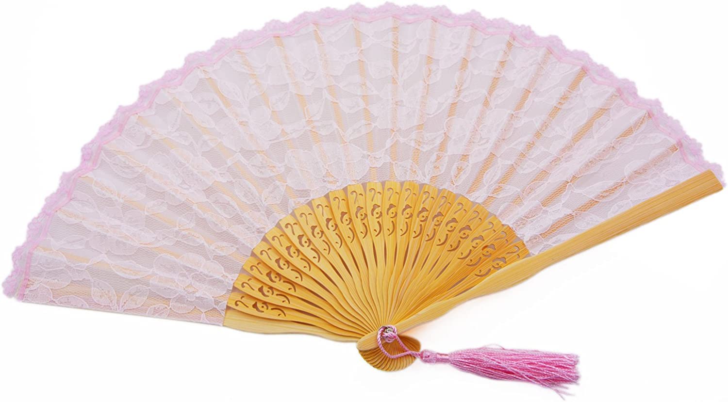 Womens Multi Color Handmade Cotton Lace Folding Hand Fan (Black-A) (Pink)