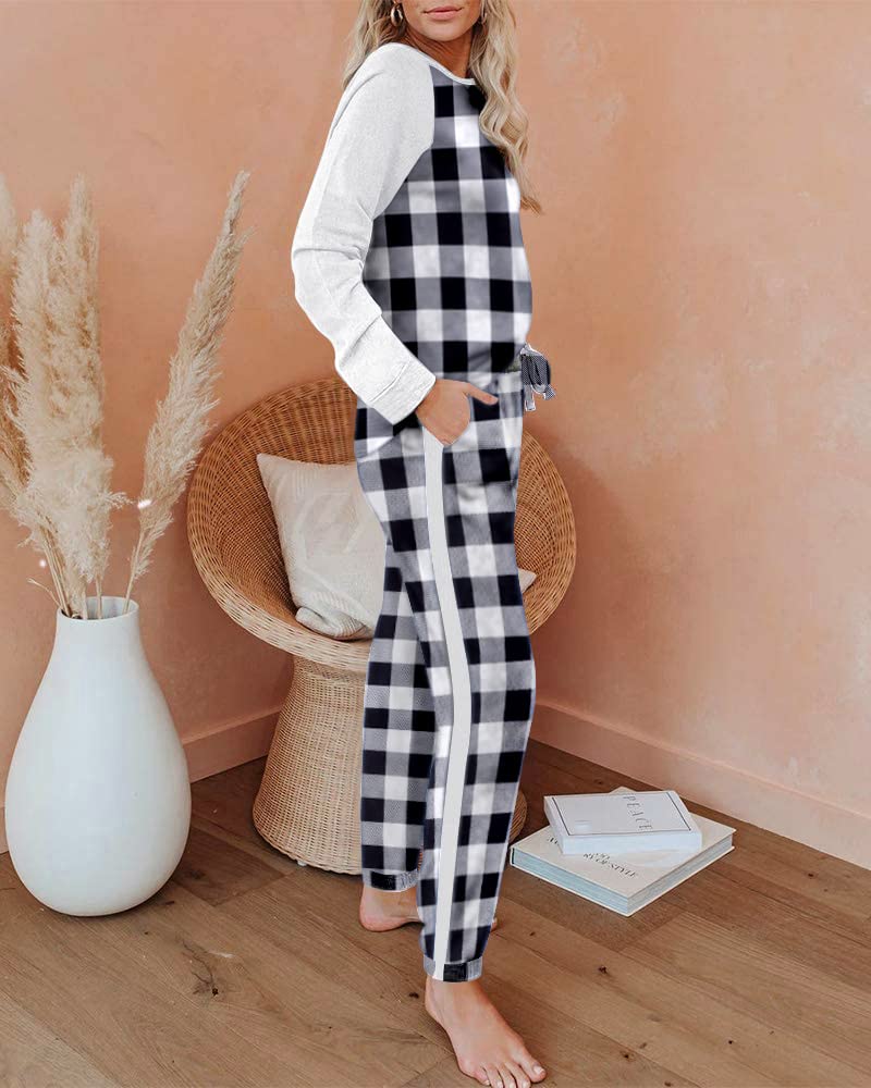 Ekouaer Women's Pajama Set Long Sleeve PJs 2 Piece Outfit Pullover Sleepwear Sweatshirt and Long Pants With Pockets Black White Plaid M