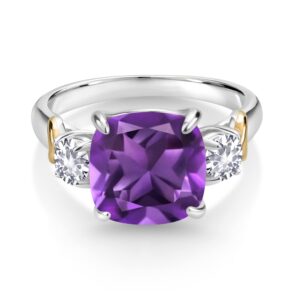 925 Silver and 10K Yellow Gold Purple Amethyst and White Created Sapphire 3 Stone Ring For Women (3.50 Cttw, Gemstone February Birthstone, Cushion 10MM, Round 4MM, Available In Size 5, 6, 7, 8, 9)