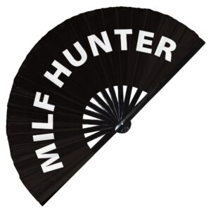 MILF Hunter hand fan foldable bamboo circuit hand fan funny gag slang words expressions statement gifts Festival accessories Rave handheld Circuit event fan Clack fans (Black)