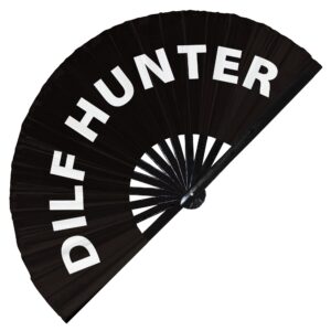 DILF Hunter hand fan foldable bamboo circuit hand fan funny gag slang words expressions statement gifts Festival accessories Rave handheld Circuit event fan Clack fans (Black)