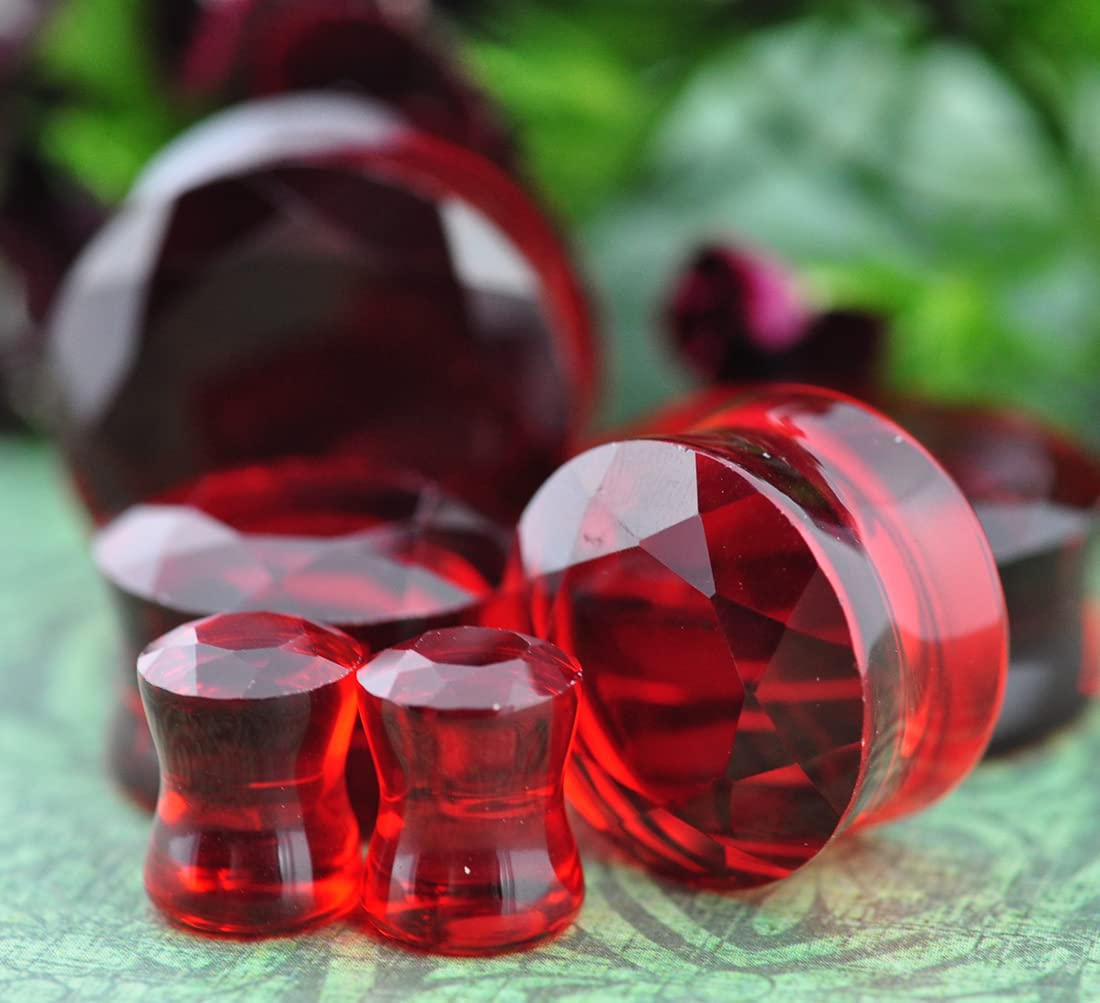 Pair of Red Faceted Glass Double Flare Plugs (PG-568) (2g (6mm))