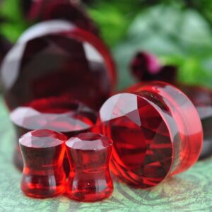 Pair of Red Faceted Glass Double Flare Plugs (PG-568) (00g (10mm))