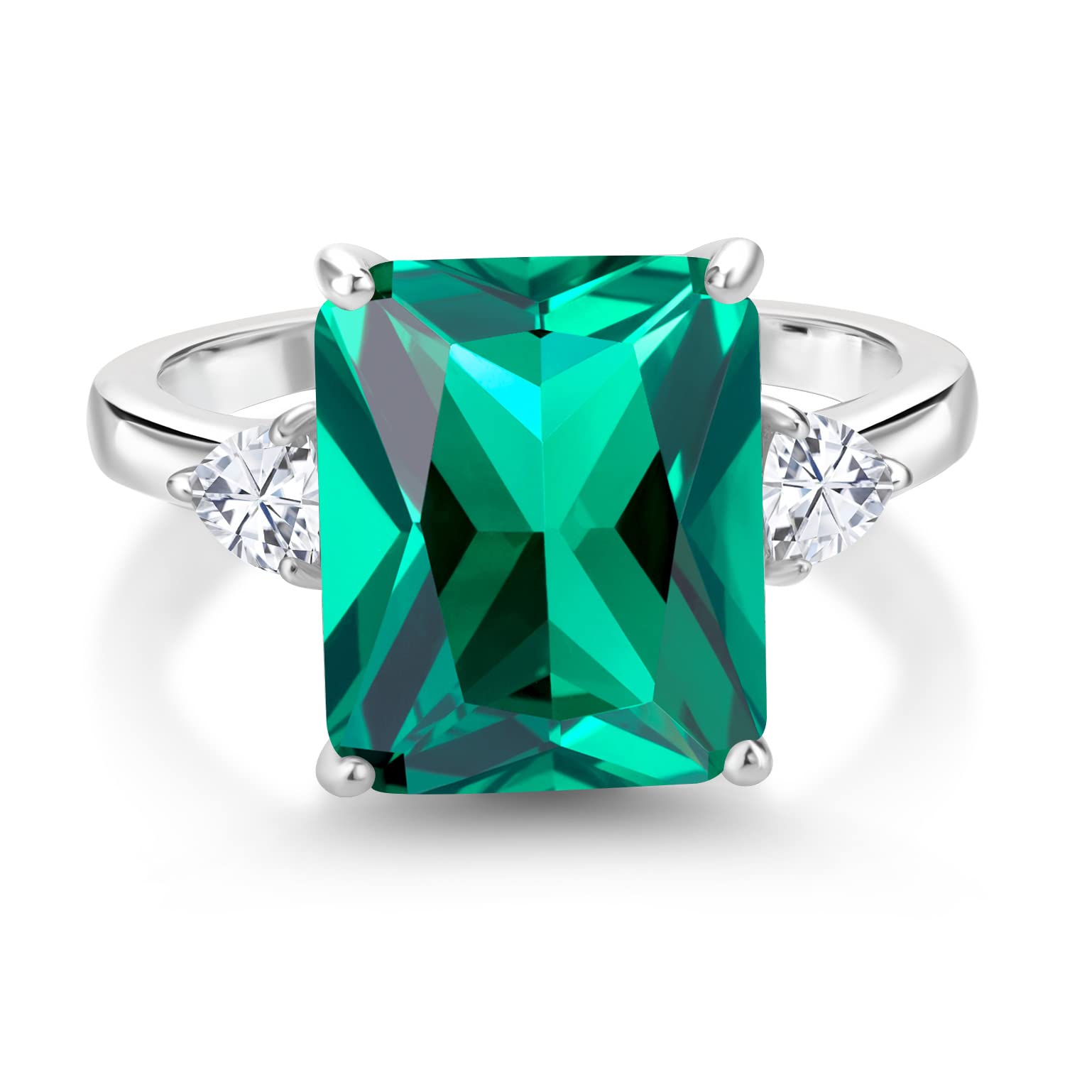 Gem Stone King 925 Sterling Silver Emerald Cut Green Nano Emerald and White Moissanite 3 Stone Ring For Women (5.80 Cttw, Available In Size 5, 6, 7, 8, 9)