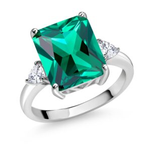 Gem Stone King 925 Sterling Silver Emerald Cut Green Nano Emerald and White Moissanite 3 Stone Ring For Women (5.80 Cttw, Available In Size 5, 6, 7, 8, 9)