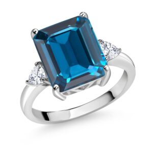 gem stone king 925 sterling silver london blue topaz and white moissanite 3 stone ring for women (7.82 cttw, gemstone birthstone, emerald cut 12x10mm, available in size 5, 6, 7, 8, 9)