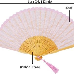 Womens Multi Color Handmade Cotton Lace Folding Hand Fan (Black-A) (Pink)