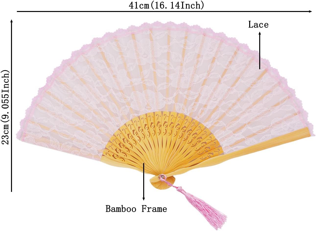 Womens Multi Color Handmade Cotton Lace Folding Hand Fan (Black-A) (Pink)