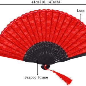 Womens Multi Color Handmade Cotton Lace Folding Hand Fan (Black-A) (Red)