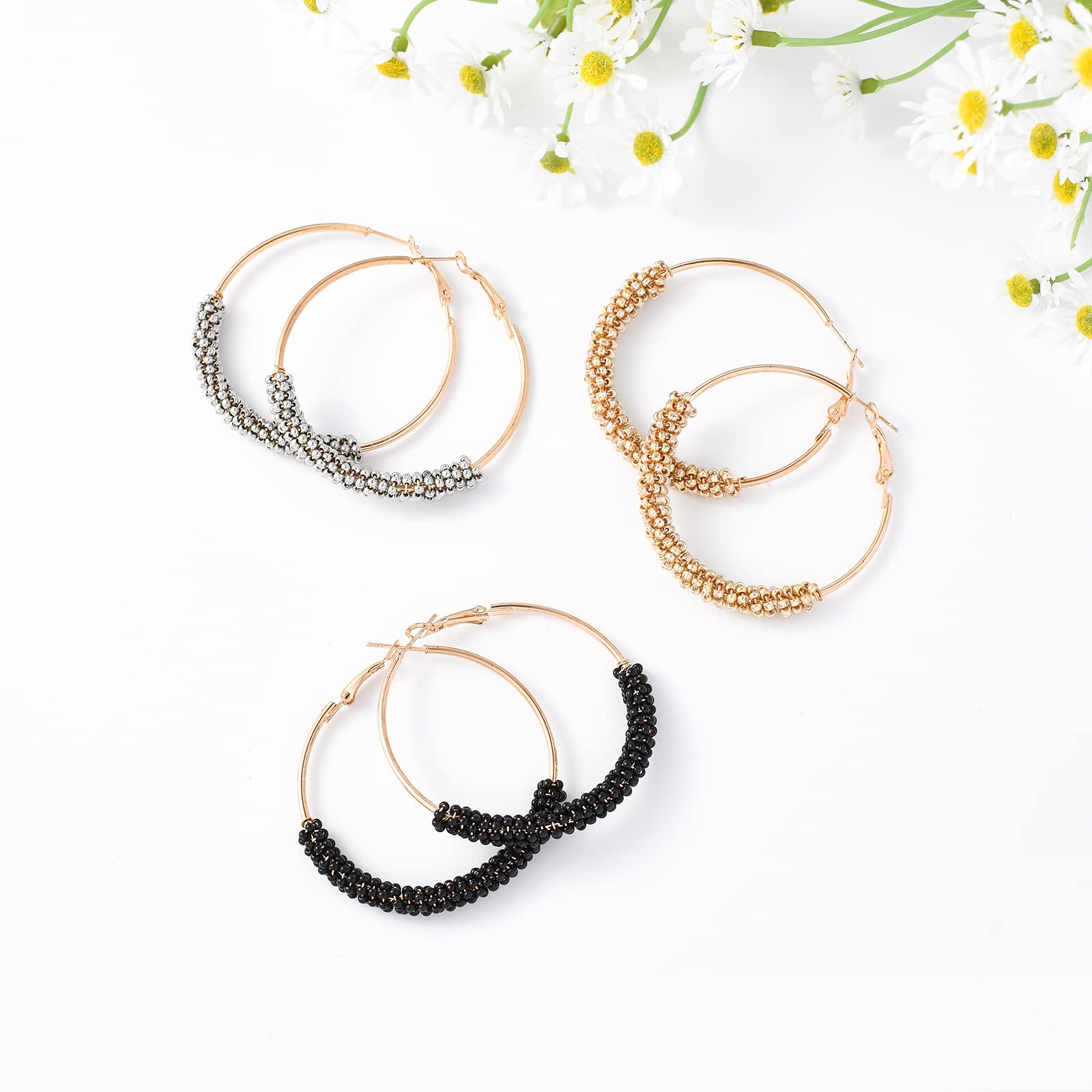 Jinxiuge 6 Pair Beaded Hoop Earrings Boho Flower Round Earrings Women's Handmade Earrings Set